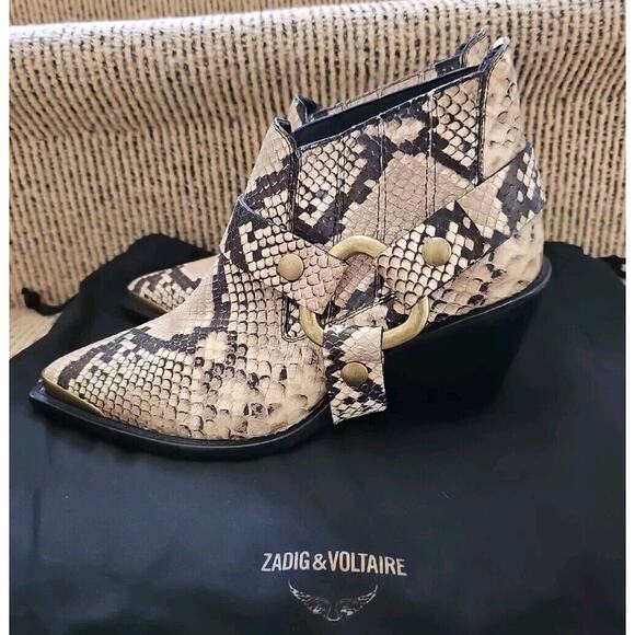 ZADIG & VOLTAIRE N'Dricks Wild Ankle Boots Western Gold Buckle Snake Leather 37 - Picture 1 of 6